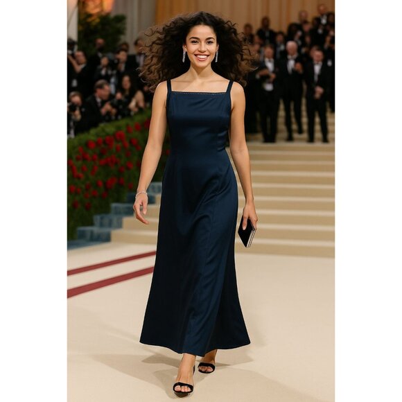 Mondi 44 Navy Blue Silk Sleeveless Maxi Dress Vintage 90s Formal Gown Slit Back - Picture 1 of 9